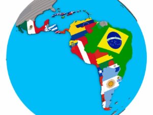Latin America with flags on 3D map