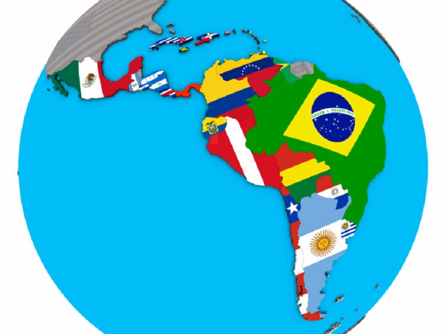Latin America with flags on 3D map